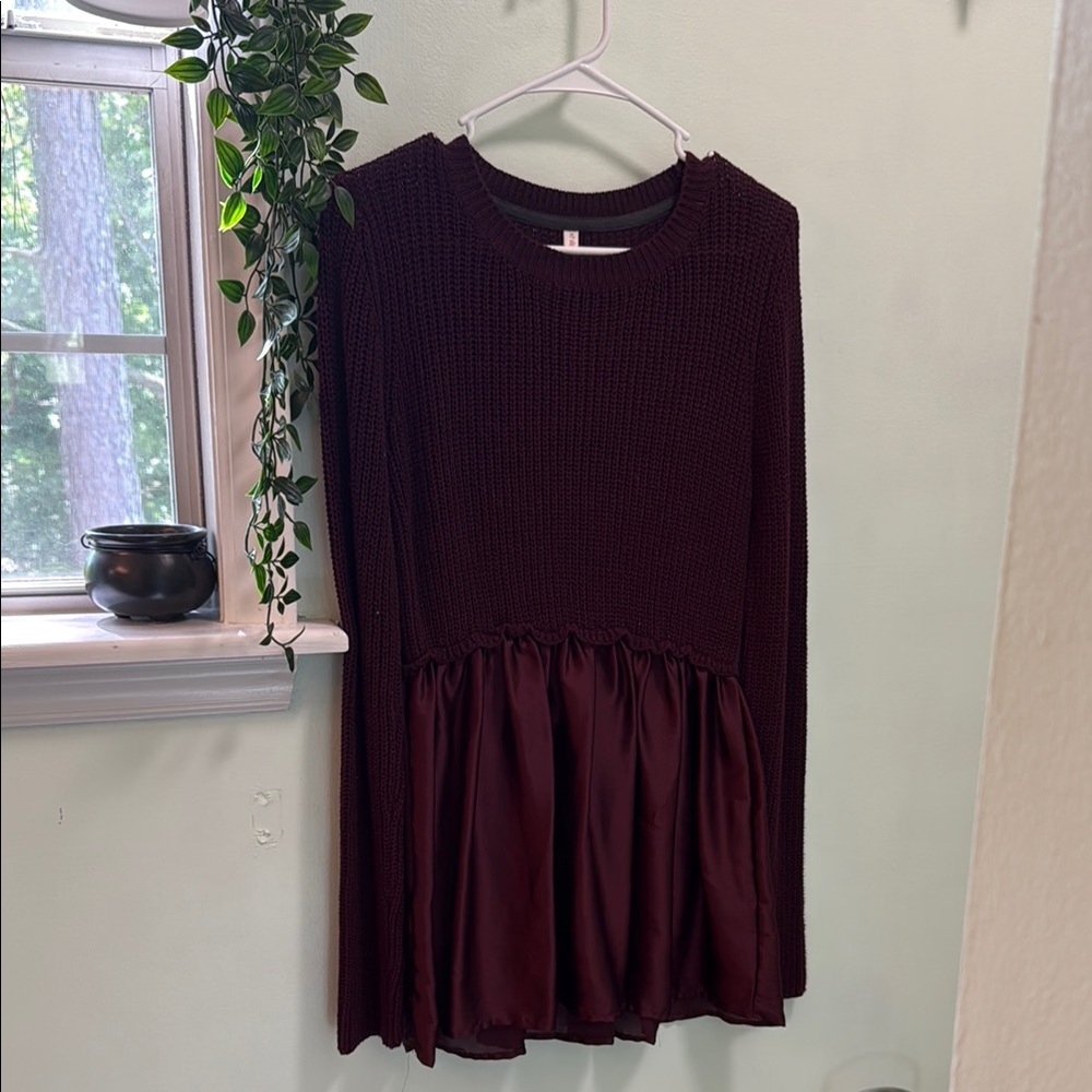 Burgundy Knit and Satin Dress